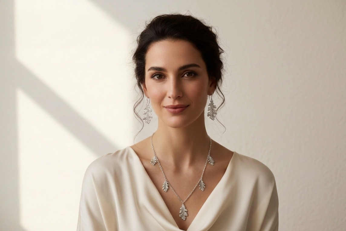 Primo piano di una modella al centro che indossa una parure di gioielli in argento con orecchini pendenti e collana con ciondolo a forma di foglia
