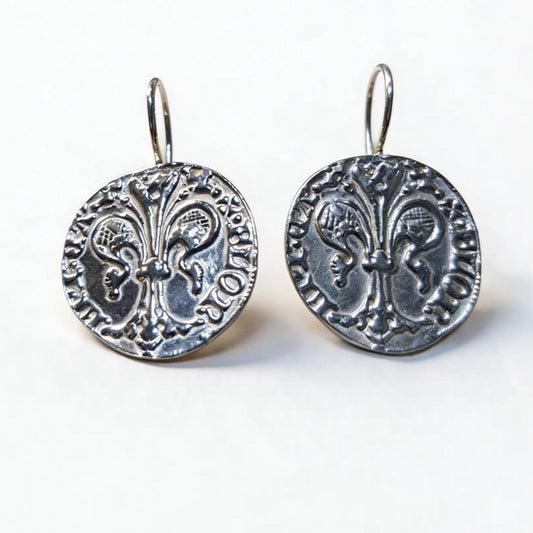 Orecchini a moneta fiorino di Firenze in argento 925 placcata argento con chiusura a monachella